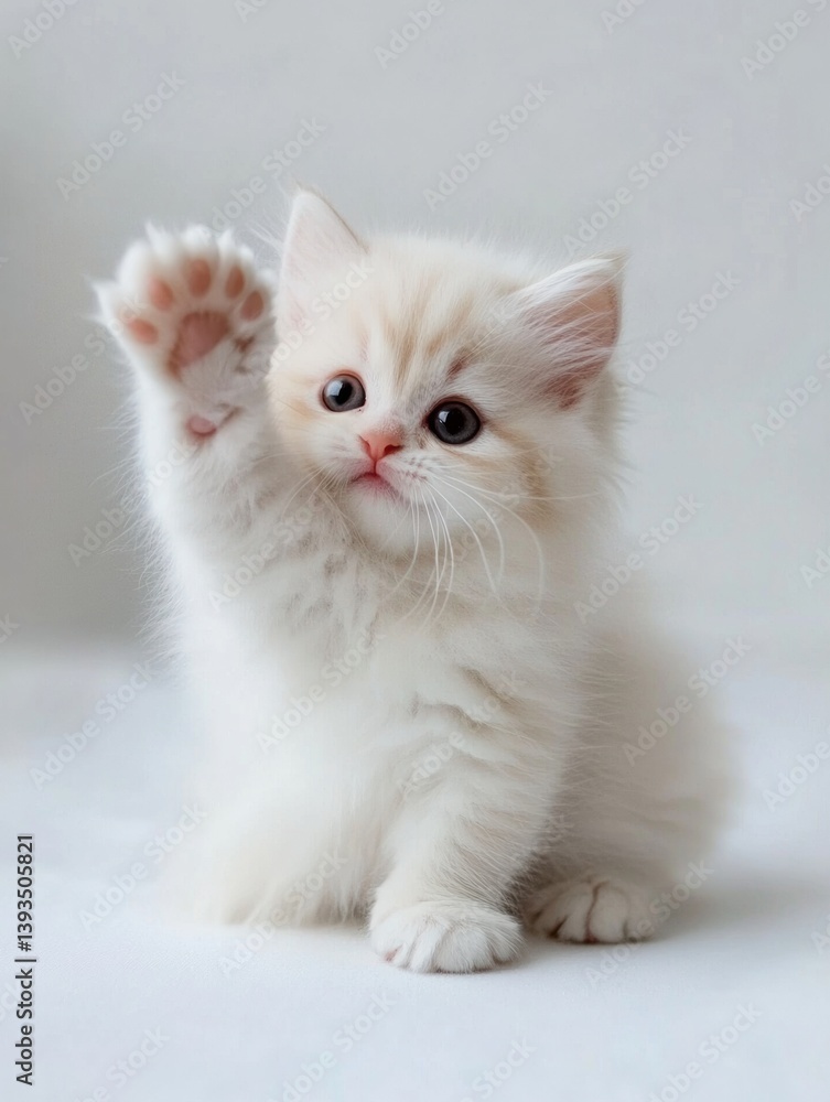Poster fluffy kitten playfully raising one paw against a minimalist white background in a joyful moment of 