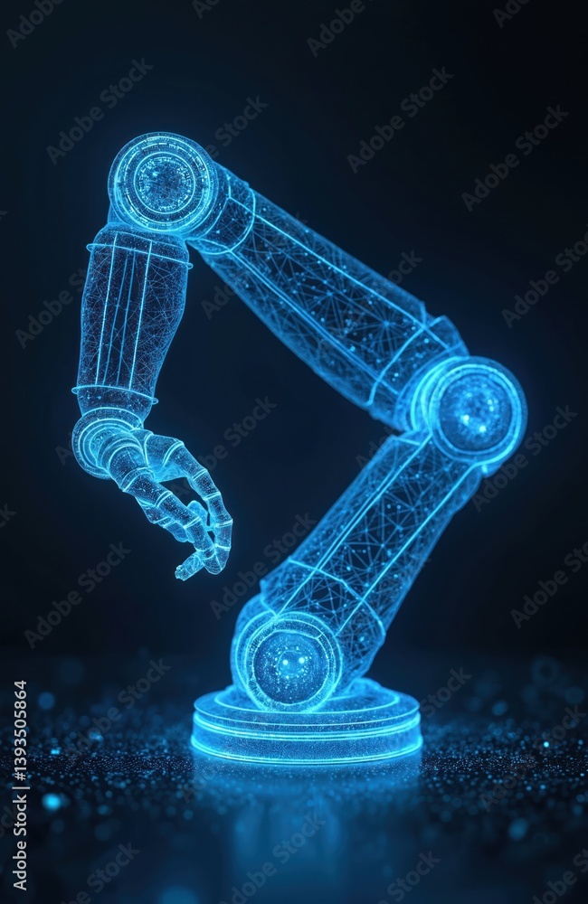 Poster glowing blue wireframe hologram robot arm on dark background. advanced robotics tech, automation, in