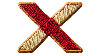 Isolated Letter X Embroidered With Red and White Threads, cut out transparent