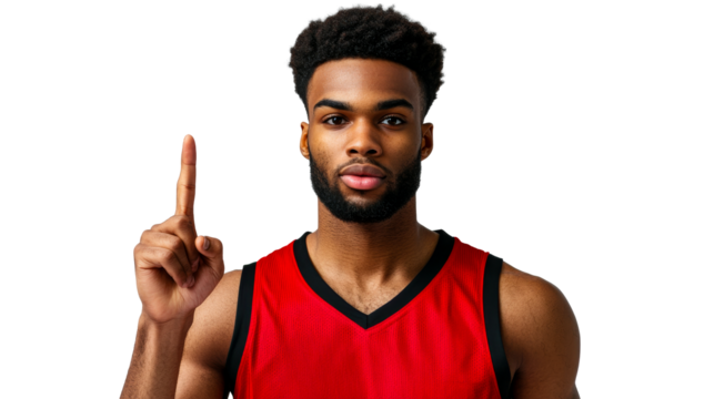 Confident african american basketball player showing one finger, cut out transparent