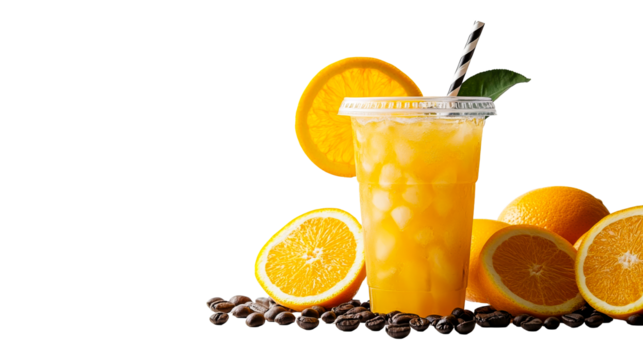 Orange beverage in plastic cup, oranges and coffee beans, cut out transparent