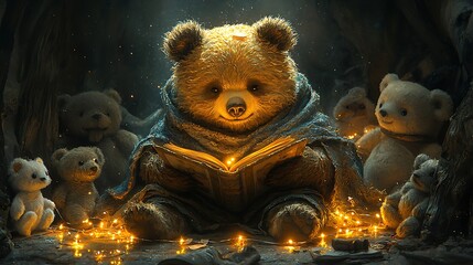 Teddy Bear Congregation: In a cozy, candlelit sanctuary, a wise, gentle teddy bear presides over a heartwarming gathering. Soft light dances around the scene.