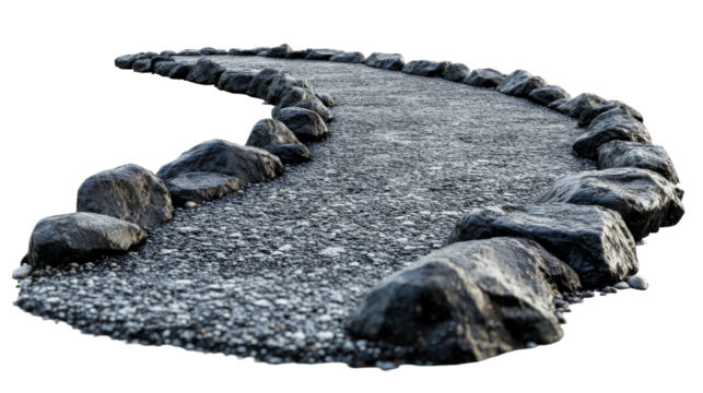 Cobblestone path bordered by rocks, cut out transparent