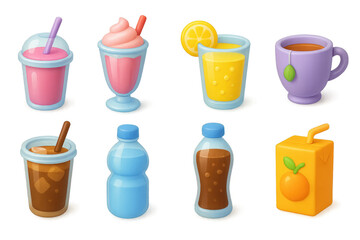 Colorful 3d y2k drink icons set: smoothie, milkshake, lemonade, tea, coffee, water bottle