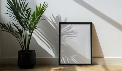 Framed Art Print Leaning Against Wall with Plant Casting Shadow