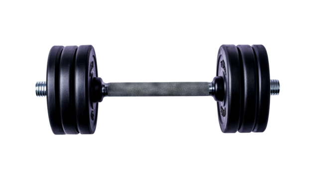 Heavy black dumbbell for workout, isolated, fitness, cut out transparent