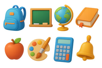 Vibrant 3d school icons set featuring classic educational elements