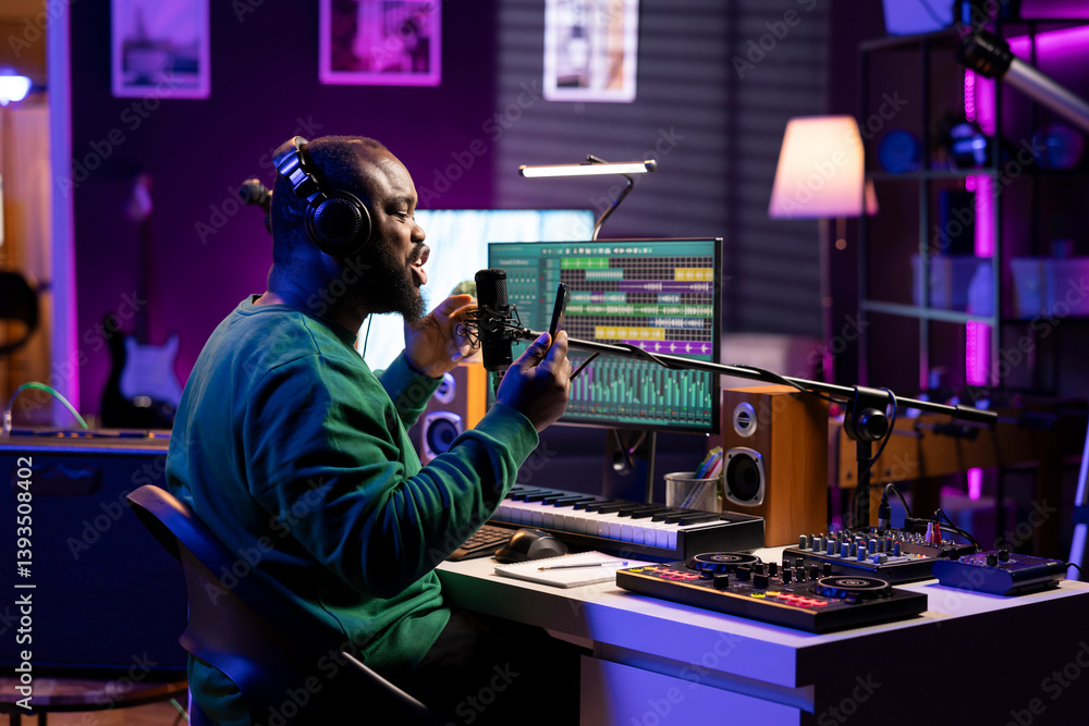 Leinwandbilder confident musician singing his own song with a phone to read his verses, using a microphone in home 