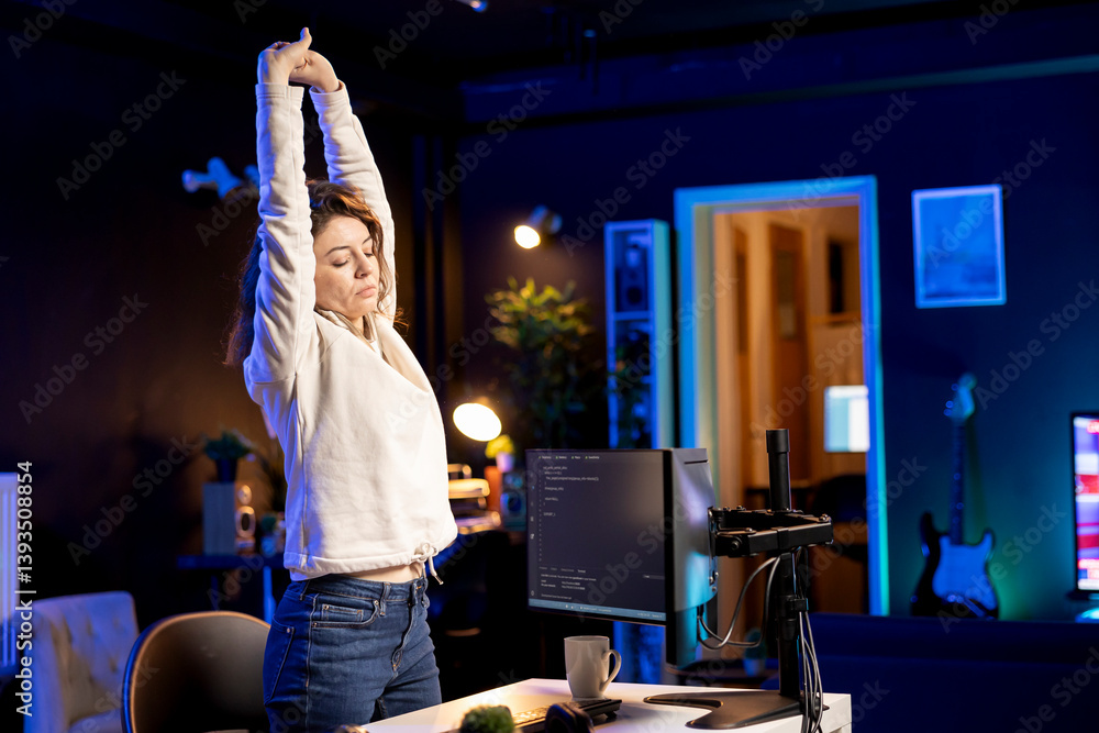 Poster computer scientist doing software quality assurance, stretching after reading source code, feeling t