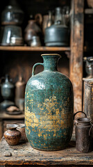 A weathered teal and gold antique ceramic jug sits on a rustic wooden table amongst other vintage pottery and containers in an antique shop setting.