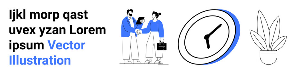 Two business professionals exchange documents, with a clock and a potted plant nearby. Ideal for teamwork, office culture, time management, collaboration, professionalism, workflow, flat landing page