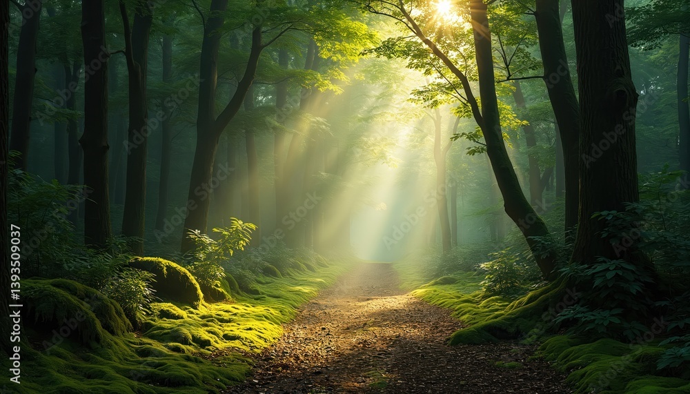 Aufkleber forest scene with sunlight filtering through dense trees. sun rays illuminate path, creating serene 
