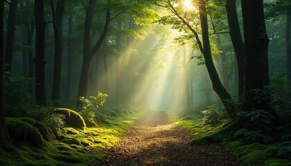 Obraz premium Forest scene with sunlight filtering through dense trees. Sun rays illuminate path, creating serene ambiance. Green moss, fallen leaves covering ground. Scenic wilderness landscape, peaceful nature.