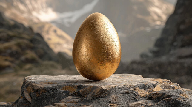 A single, large golden egg rests perfectly balanced atop a dark grey rock against a majestic mountain backdrop at sunrise.