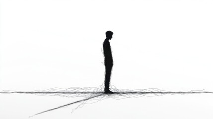 A solitary silhouette stands amidst a chaotic network of thin, dark lines spreading across a pale background, evoking isolation and complexity