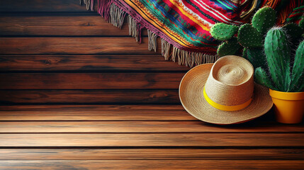 Festive Cinco de Mayo background with sombrero, serape, and cacti on a dark wood table. Perfect for holiday promotions, event invitations, and vibrant designs.
