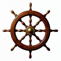 Wooden ship steering wheel isolated on white background. Classic nautical design. Antique brass details on central part. Wooden spokes. Nautical theme, navigation, sailing, control, vintage, © Viktor