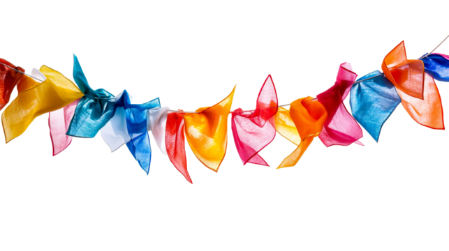 Colorful festive flags garland on black background, cut out transparent