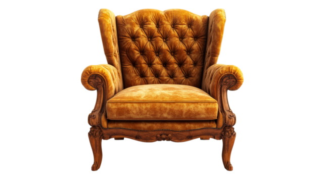 Luxurious vintage armchair, upholstered in gold velvet, cut out transparent