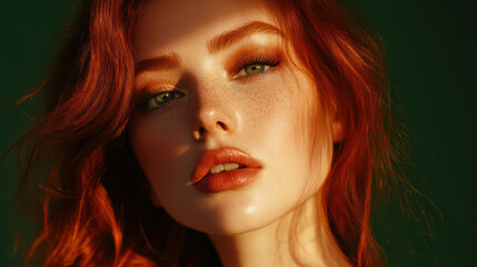 Obraz premium Sunlit Beauty: A woman with fiery red hair and striking green eyes stares intently at the camera, bathed in the warm, golden glow of sunlight, highlighting her natural beauty and captivating presence.