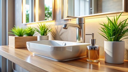 Fototapeta premium Sleek Minimalist Bathroom Sink Modern Design Details and Accessories for a Contemporary Aesthetic