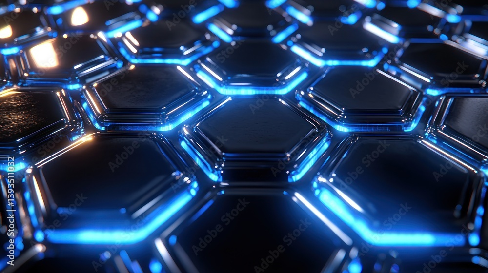 Poster hexagonal grid pattern with blue edges and metallic black inside