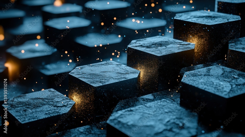 Poster hexagonal block array with glowing particles. dark, textural, and abstract