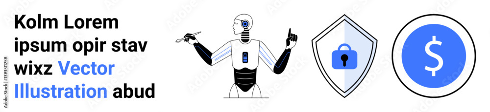 Aufkleber robot holding objects, secure lock shield, and dollar sign representing automation, digital security