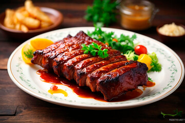 Grilled pork ribs served with fresh vegetables and barbecue sauce Generative AI