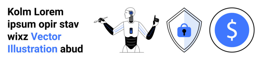 Obraz premium Robot holding objects, secure lock shield, and dollar sign representing automation, digital security, and finance. Ideal for technology, AI, cybersecurity, fintech innovation startups flat landing