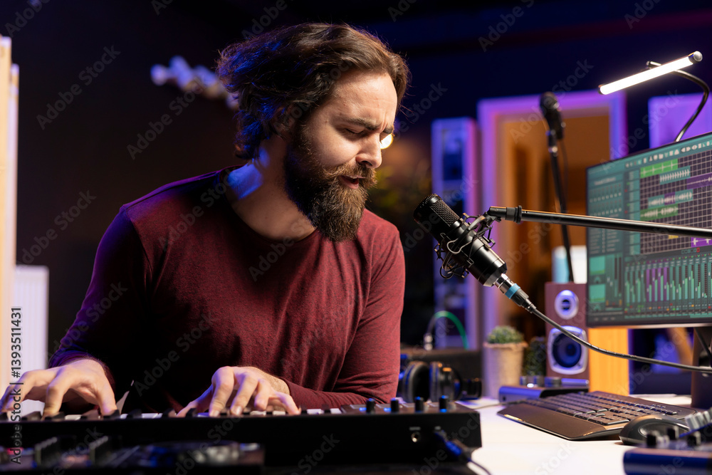Aufkleber Music producer plays electronic piano keyboard notes and singing on microphone, creating audio recordings before launching music. Artist uses synthesizer and amplifier, post production.