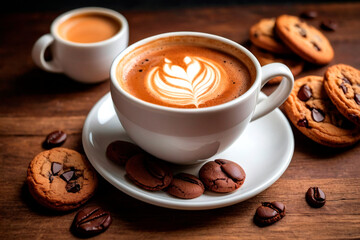 Delicious coffee and cookies on a wooden table with intricate latte art Generative AI
