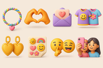Fototapeta premium Colorful 3d love and friendship icons set: hearts, emojis, and selfie art