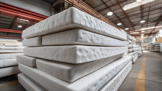 Factory warehouse of stacked foam mattresses in the recycling process for sale. Stock of used mattresses in an industrial facility.