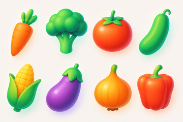 Colorful 3d vegetable icons set featuring carrot, broccoli, tomato, and more