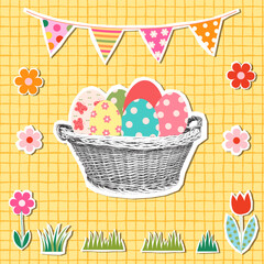 Cute Easter eggs in a basket, vector half tone collage greeting card on yellow background