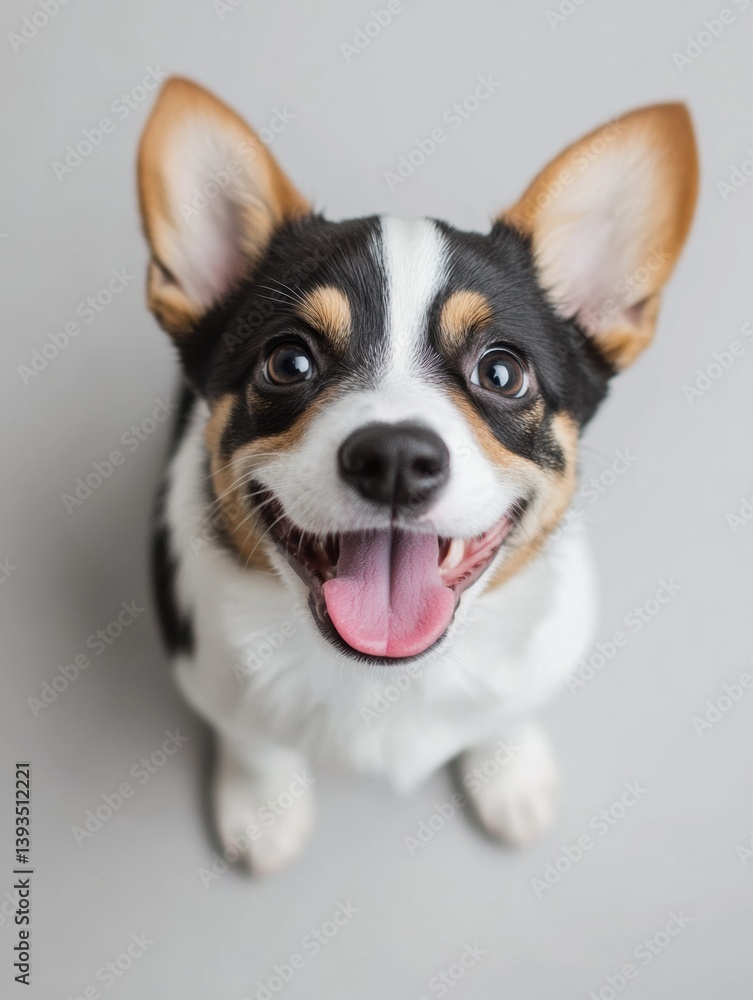 Poster playful happy corgi puppy looking up with tongue out in a bright white studio setting