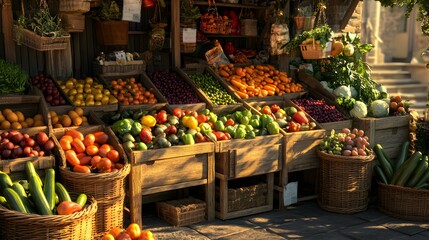 Obraz premium Outdoor market stall displaying various fresh fruits and vegetables in wooden containers.