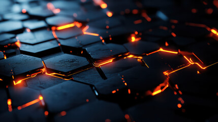 Obraz premium Glowing Hexagonal Network: Abstract composition, interconnected, illuminated cells create a mesmerizing visual representation of technology and progress. 