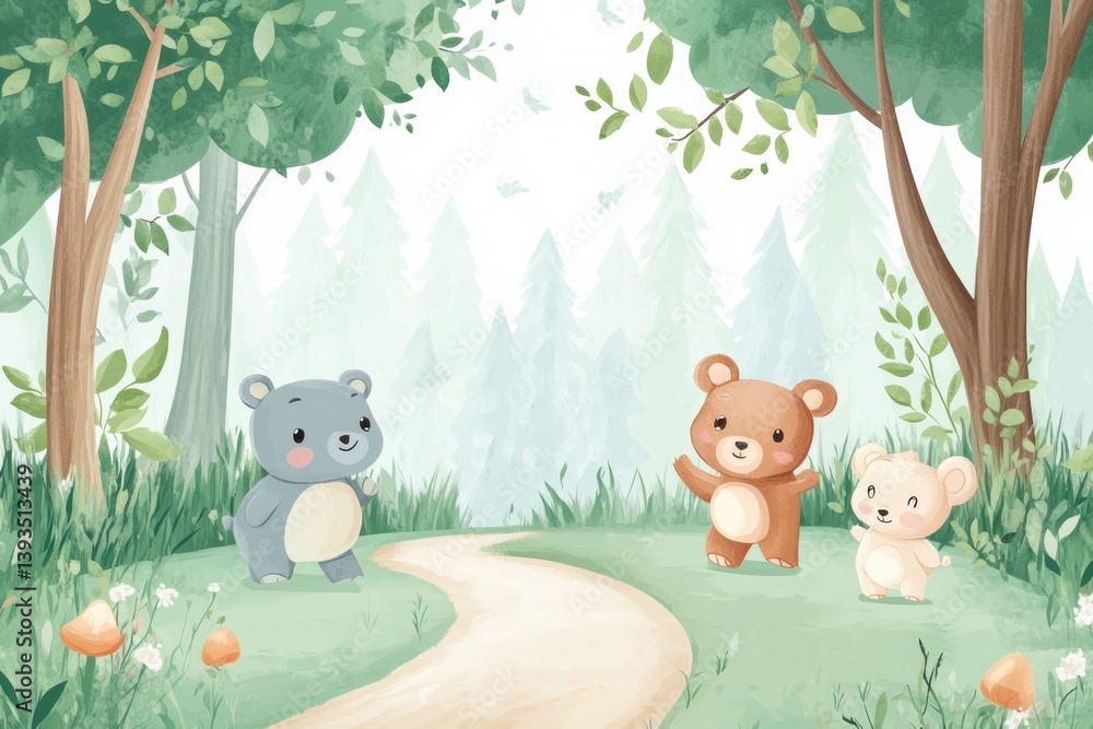Poster colorful forest path with soft animals exploring nature together in a serene setting