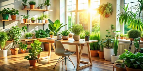 Fototapeta premium Inspiring Modern Home Office Workspace A Green Oasis for Productivity and Wellbeing