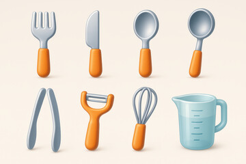 3d kitchen utensils icons set: fork, knife, spoon, tongs, peeler, whisk, measuring cup