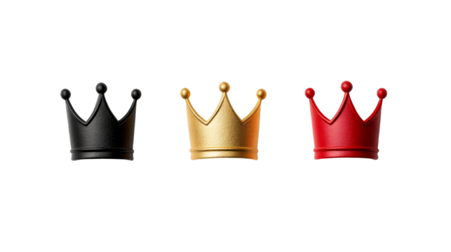Three crowns in black, gold, and red colors isolated , cut out transparent