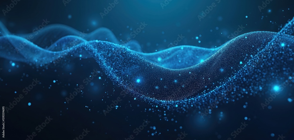 Poster abstract digital wave background. blue particles flow in dynamic mesh. tech innovation, big data, ai