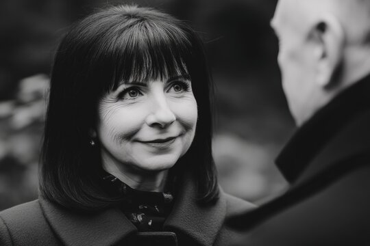 Mature caucasian woman and man in thoughtful conversation outdoors in black and white - Powered by Adobe