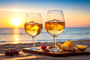 Enjoying sunset cocktails on the beach with fresh fruits and lemon slices Generative AI