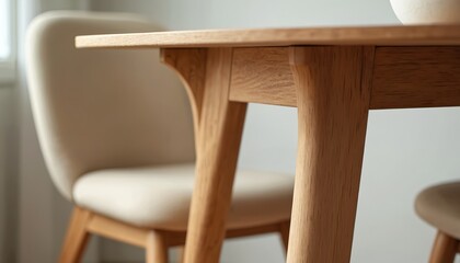 Close-up of wooden table chair. Natural light illuminates minimalist furniture design. Wooden texture, neutral tones create calm cozy space. Dining room, kitchen interior decor style.