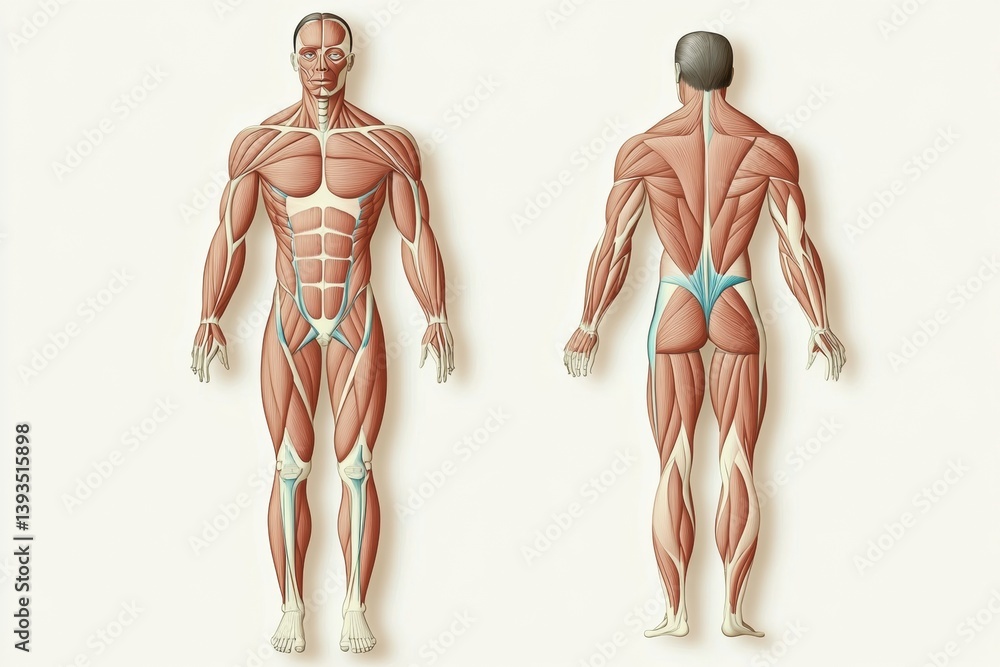 Poster human figure illustration showing activated muscles during exercise in infographic style on a light 