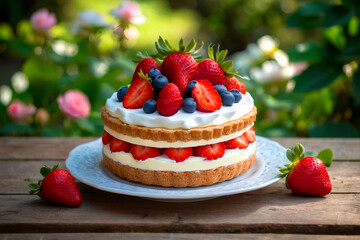 Layers of cake with fresh berries displayed in a garden setting Generative AI