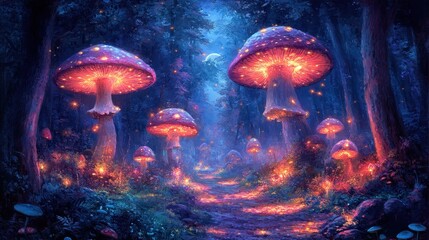 Fototapeta premium Glowing Mushrooms Forest Path Night Fantasy Art